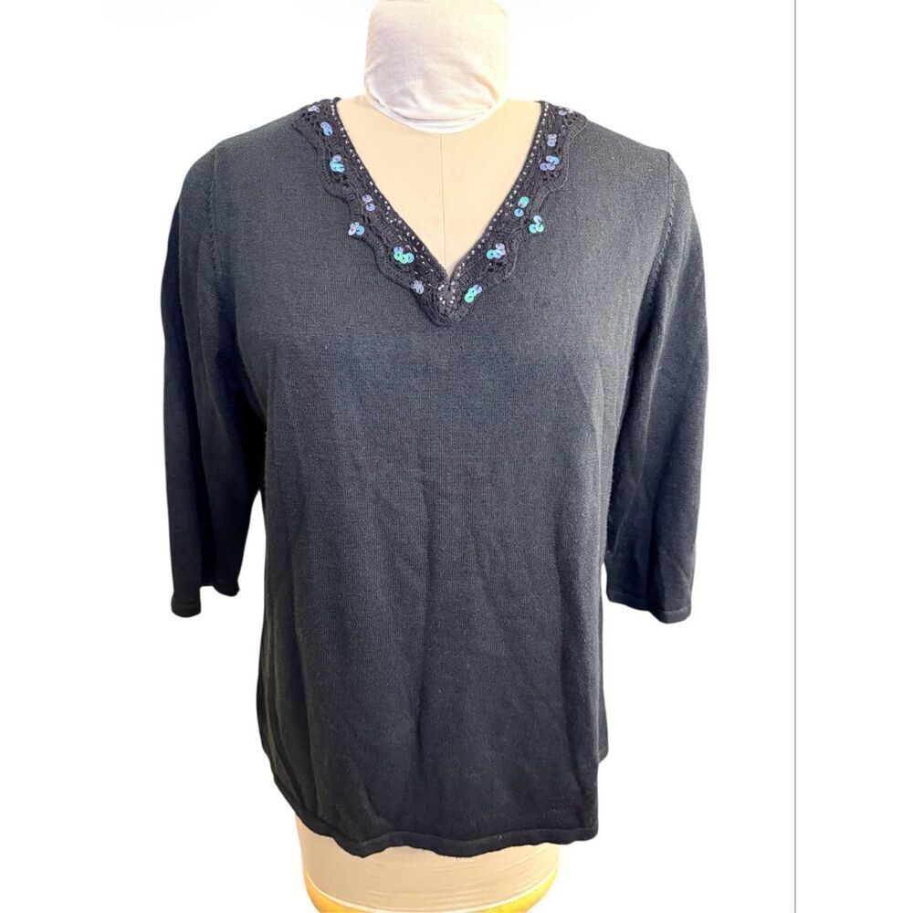 Sag Harbor Black Knit Sequined V-Neck Sweater Large 3/4 Sleeve